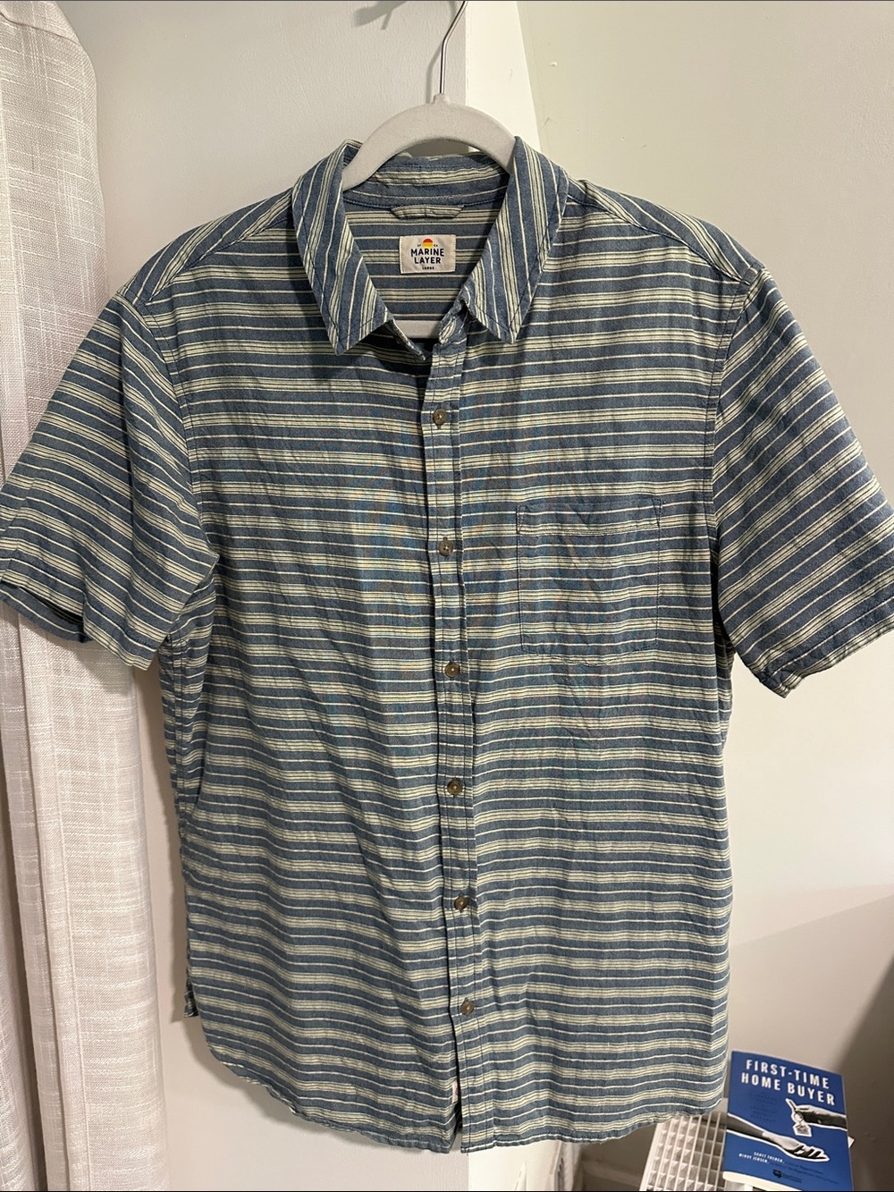 Marine Layer Striped Short-Sleeve Button-Up in Blue and Cream